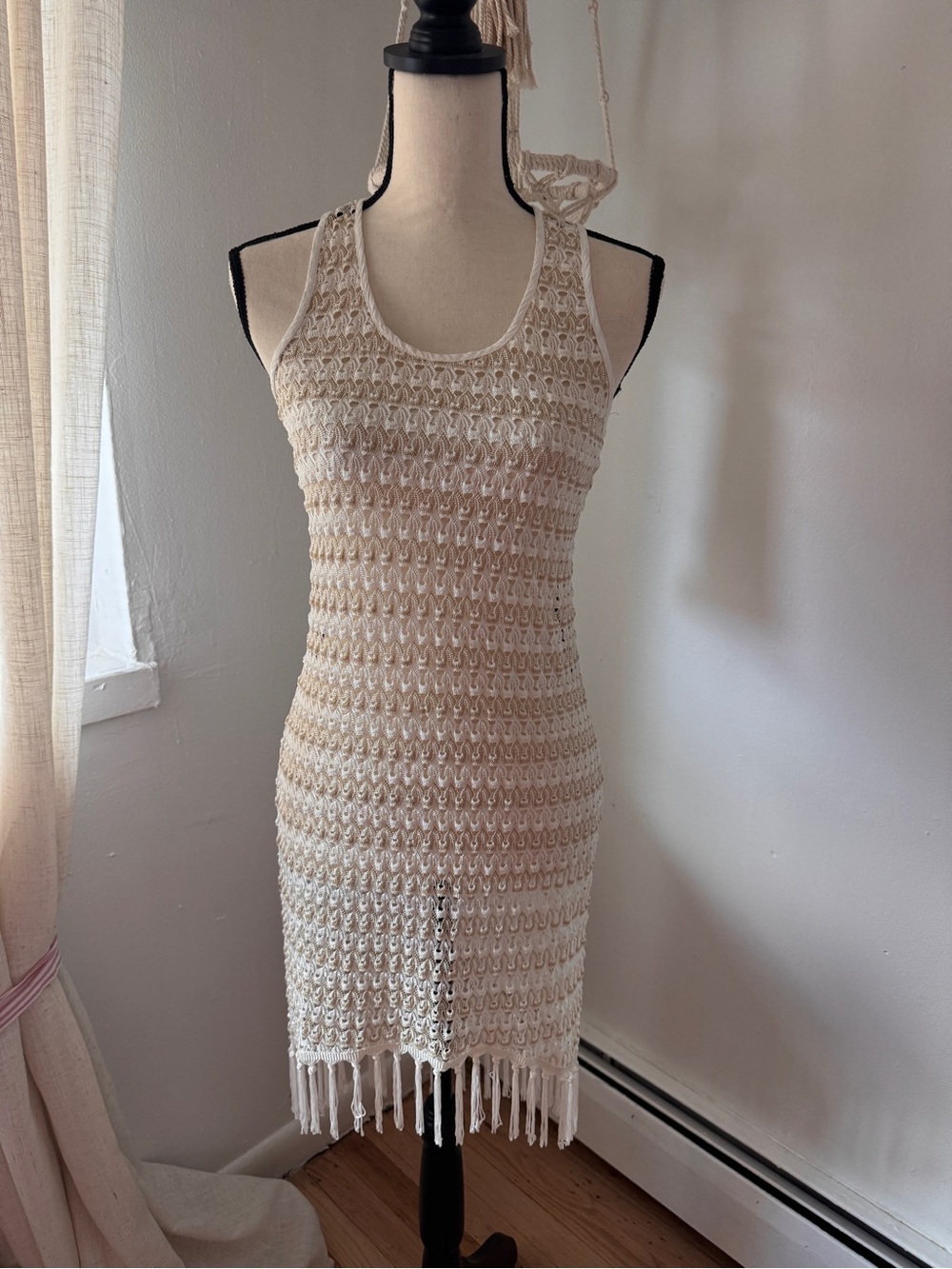 Solitaire Cream Crochet Swim Coverup Dress with Fringe